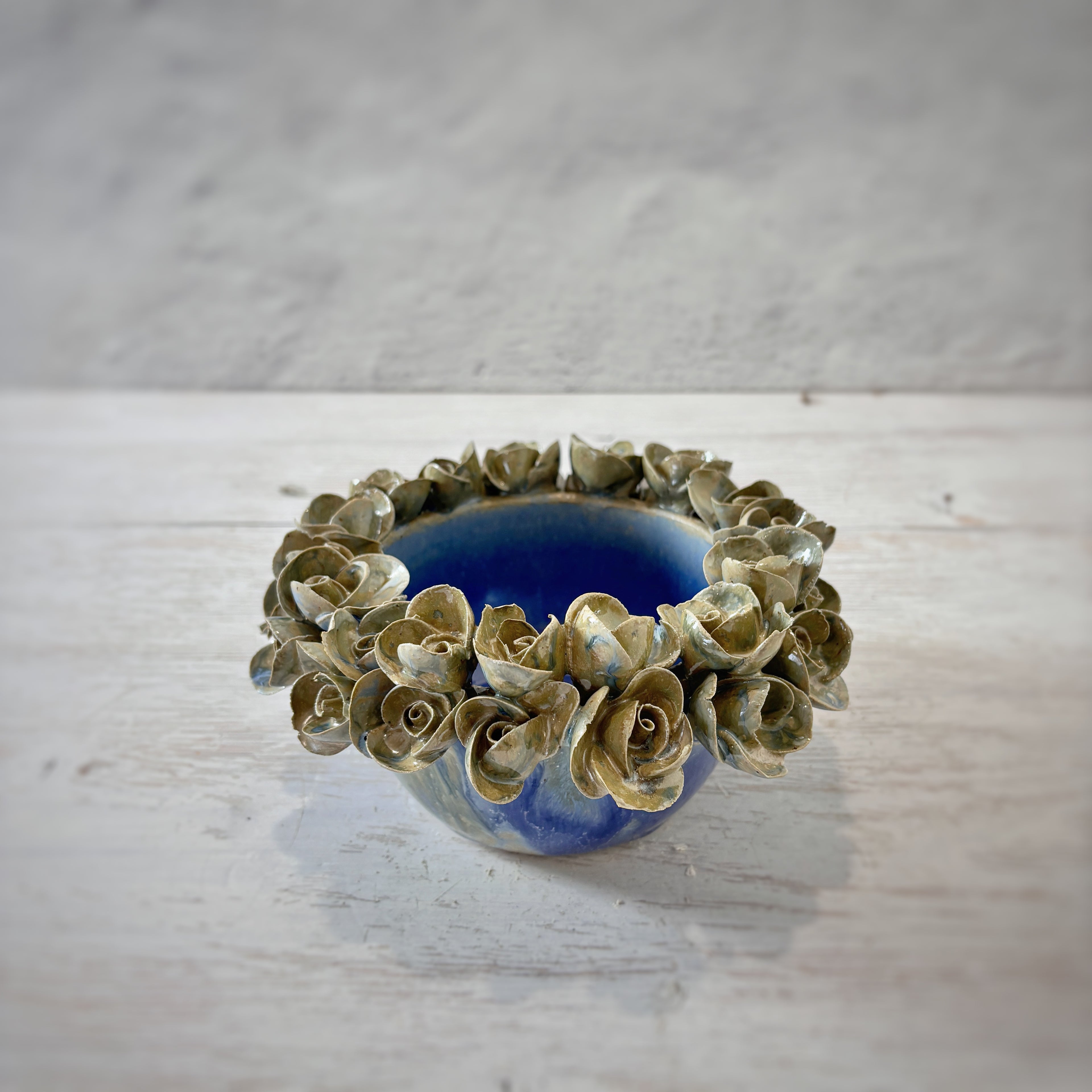 Porta velas - cerámica - Rosas azul