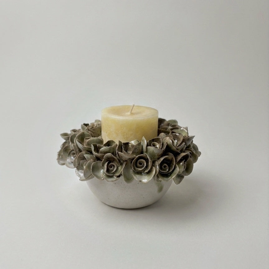 Porta velas - cerámica - Rosas verde y blanco