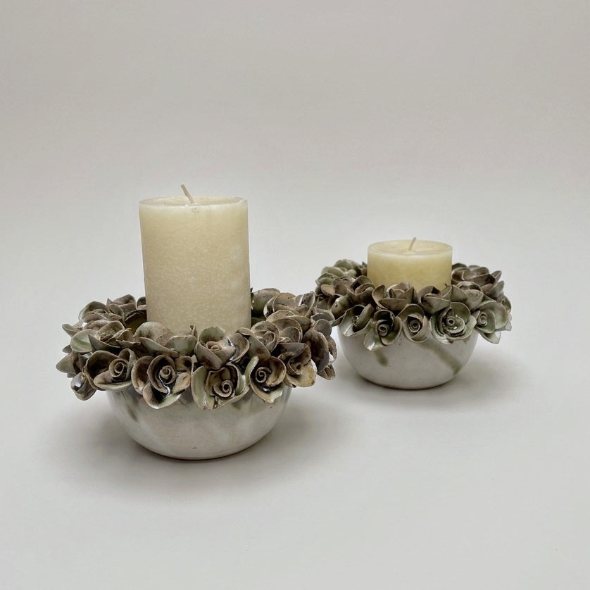 Porta velas - cerámica - Rosas verde y blanco