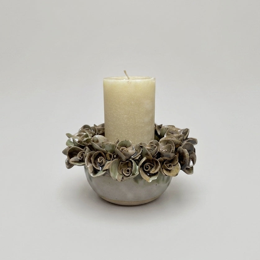 Porta velas - cerámica - Rosas verde y blanco