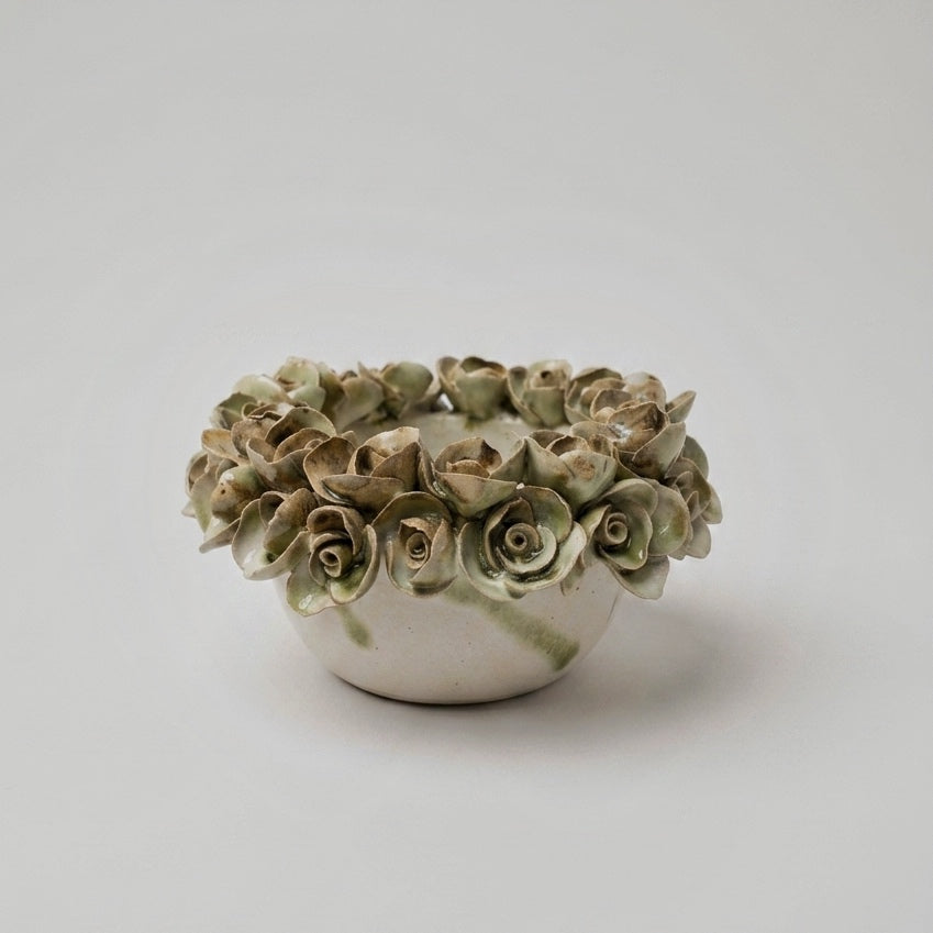 Porta velas - cerámica - Rosas verde y blanco